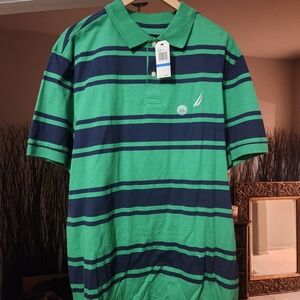 Nautica Men's Polo Shirt with Green and Navy Stripes